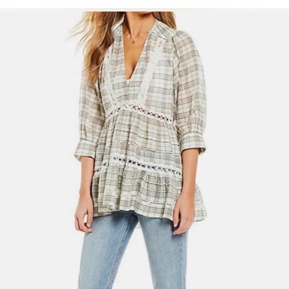 Free People Plaid Babydoll Tunic Womens Large Green Excellent Lace Crochet Boho